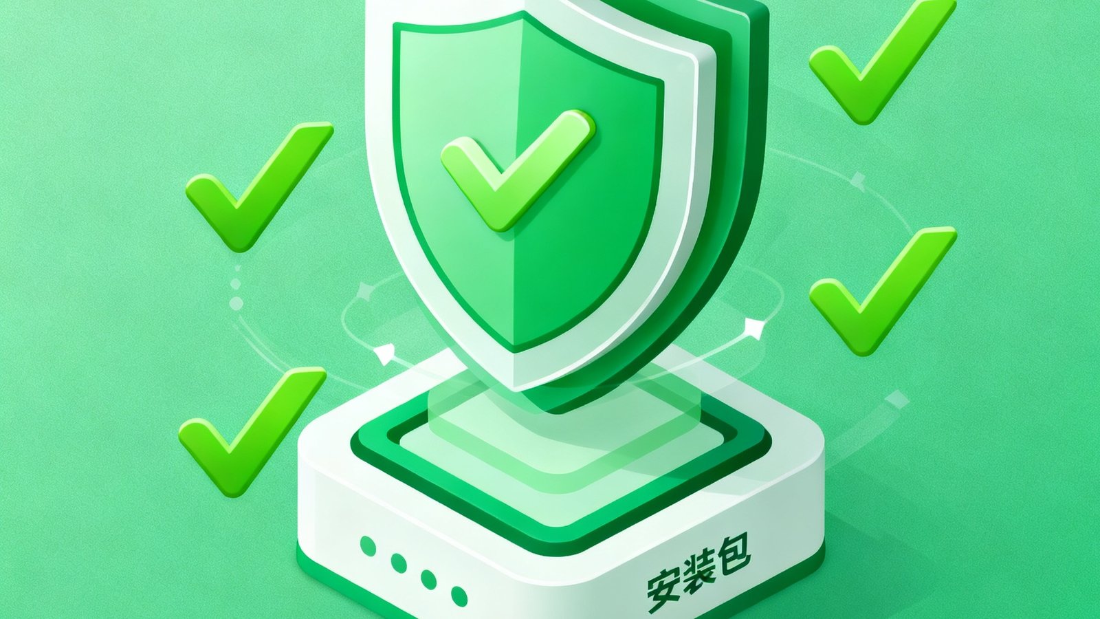 多层安全防护盾牌图标叠加在安装包图标上，周围有绿色对勾标记，代表华体会下载安装包通过多重安全验证