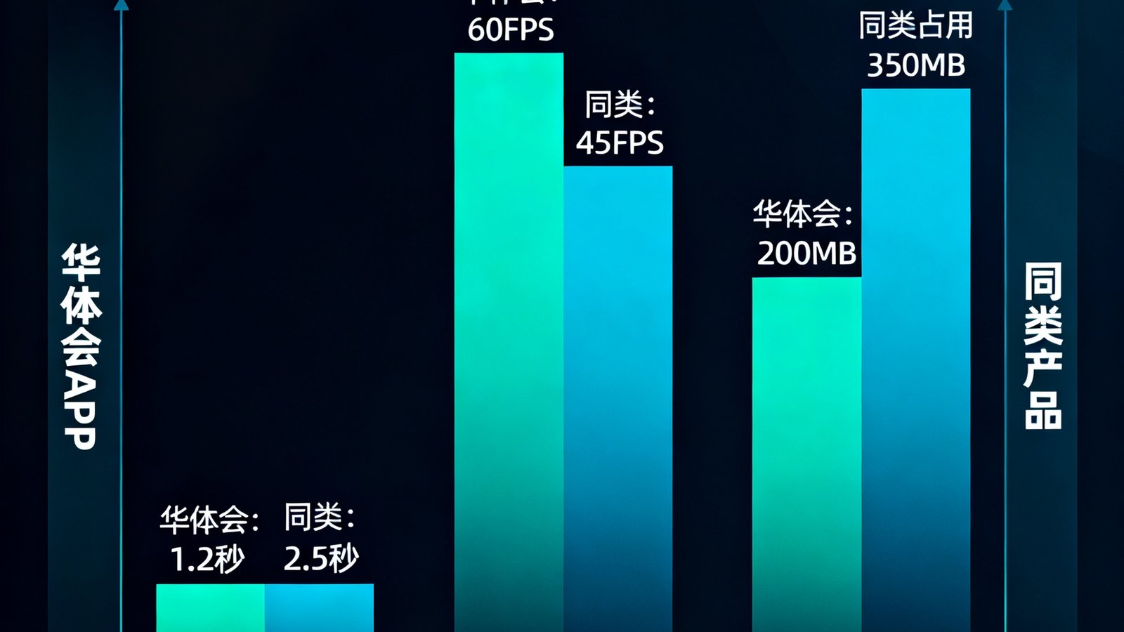 柱状图对比展示华体会APP与同类产品在启动速度、帧率表现、内存占用三个维度的优势数据
