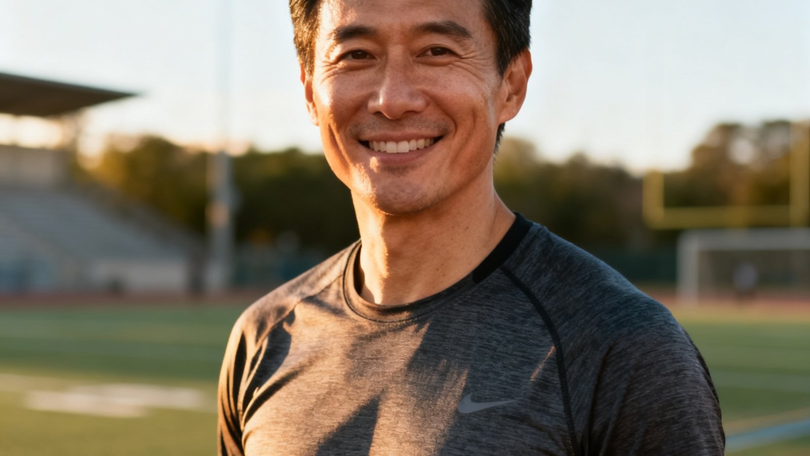 一位身穿运动T恤的30岁男性微笑着看向镜头，背景是户外运动场，阳光自然柔和